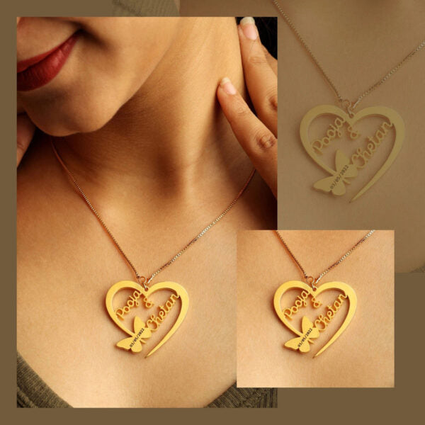 BUTTERFLY HEART COUPLE NAME NECKLACE - Creative Collection