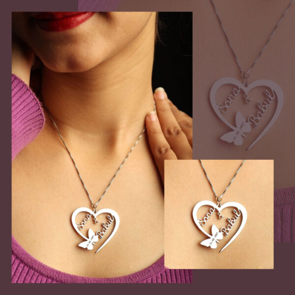 BUTTERFLY HEART COUPLE NAME NECKLACE - Creative Collection